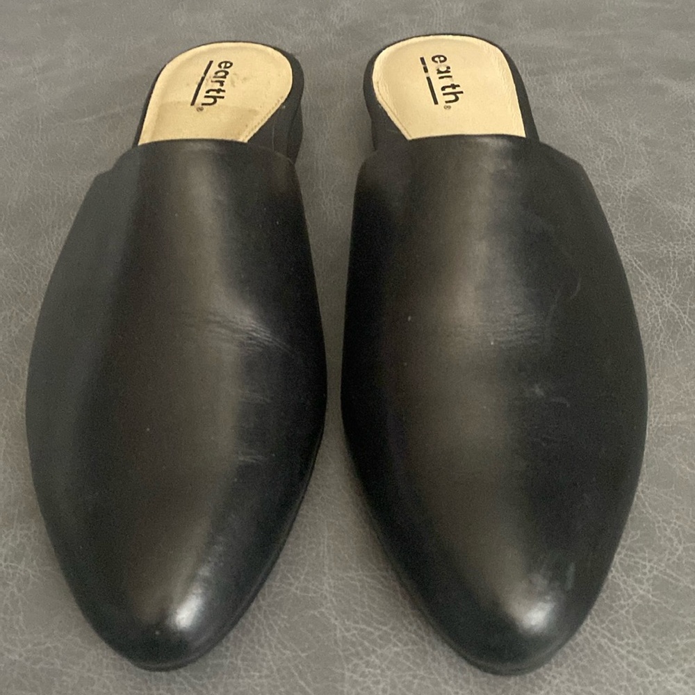 Earth Black Leather Mules